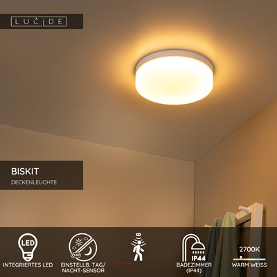 Lucide BISKIT - Deckenleuchte Badezimmer - Ø 28 cm - LED - 1x18W 2700K - IP44 - Bewegungssensor - Weiß